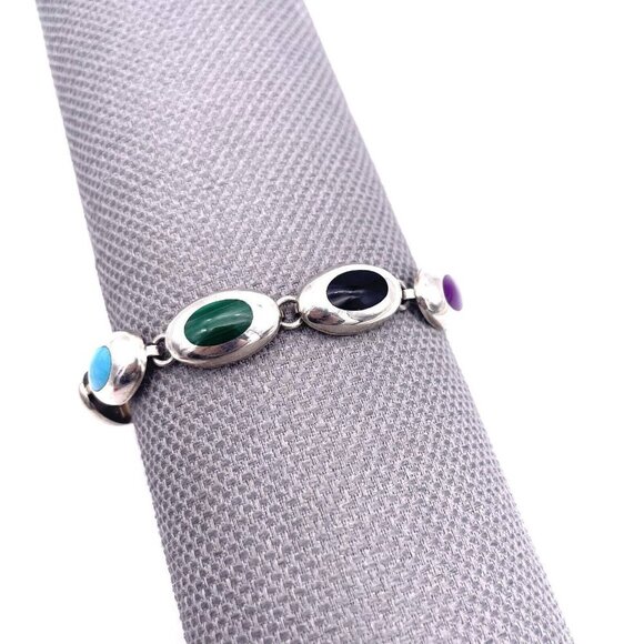 Vintage Taxco Mexico 925 Sterling Silver Bracelet Oval Multi-Gemstone - Picture 2 of 8